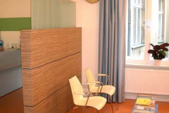 Raumteiler mit Zeitschriftentisch  (Arztpraxis) - Zebrano-Holz mit farbigem Schichtstoff
