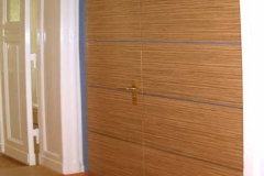 Wandverkleidung mit Drehtür (Arztpraxis) - Zebrano-Holz mit farbigem Schichtstoff